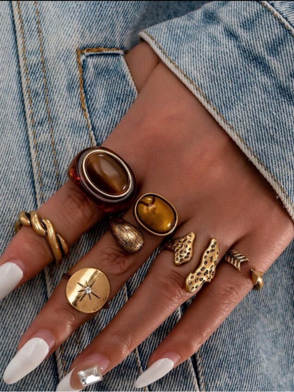 RESTOCKING🔥🔥🆕6pc Vintage Antique Gold-Tone Mixed Ring Set Brown Stone Accents